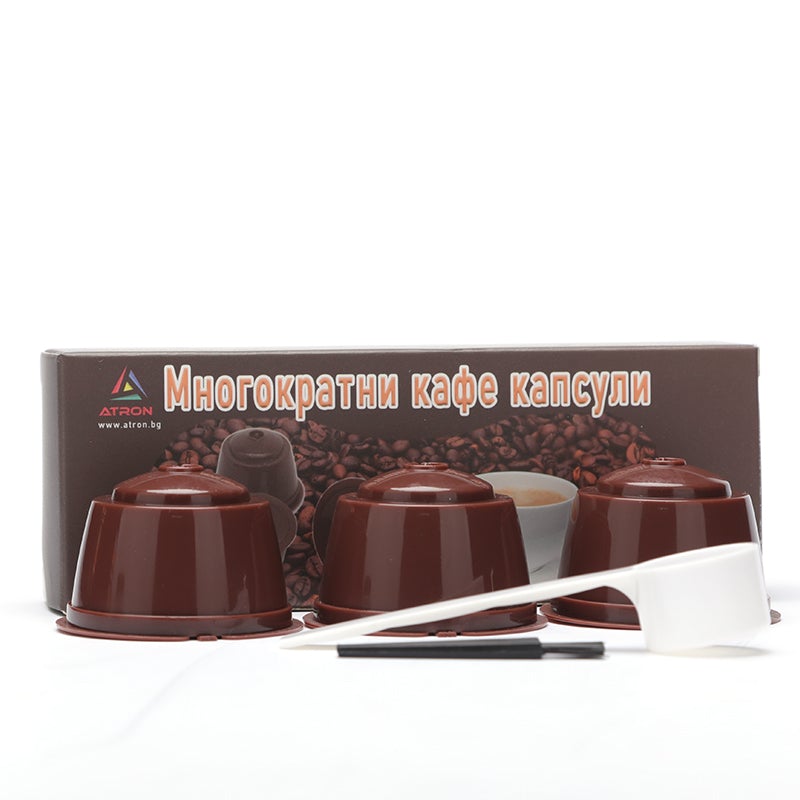 Комплект 3 броя капсули за многократно ползване съвместими с Dolce Gusto + лъжица и четка - Atron Комплект 3 броя капсули за многократно ползване съвместими с Dolce Gusto + лъжица и четка - Atron